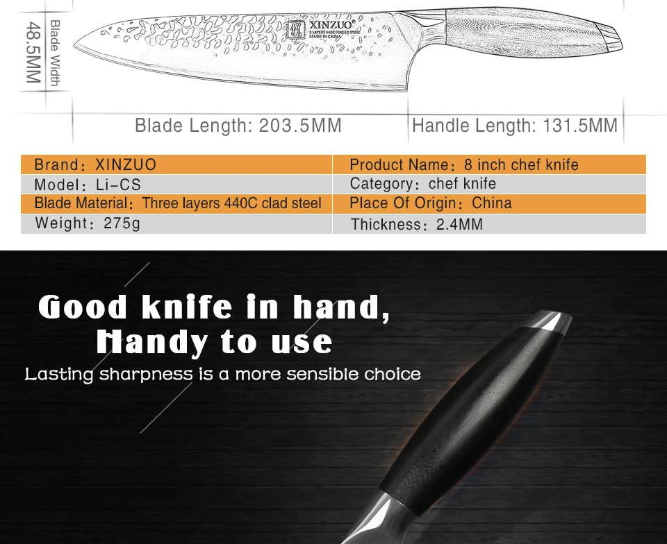 XINZUO 8 ''шеф-повара Knife3 слой 440C ядро клада Стальные Кухонные ножи Gyutou кухонные инструменты G10 ручка из нержавеющей стали резак