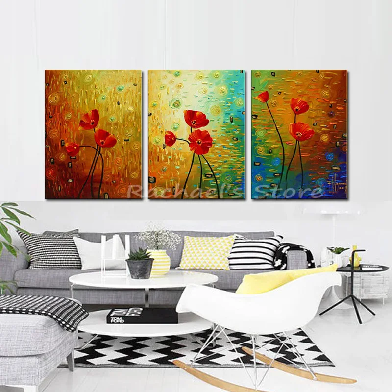 Ручная роспись холст 3 штуки Мак картина маслом на стену современная с цветами