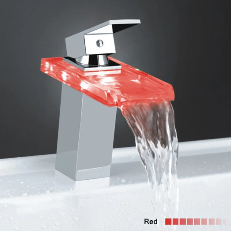 Смеситель для раковины ванной со стеклянным светодиодным водопадом латунный