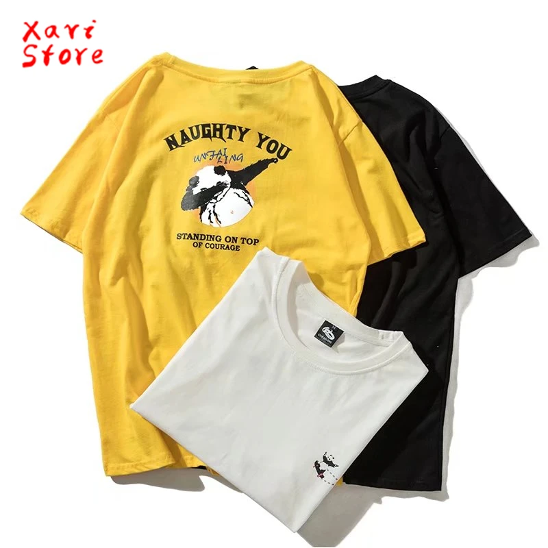 Summer new 100% Cotton Street Boys playful short sleeve T-shirt men's loose panda hip-hop O collar five points sleeves | Мужская
