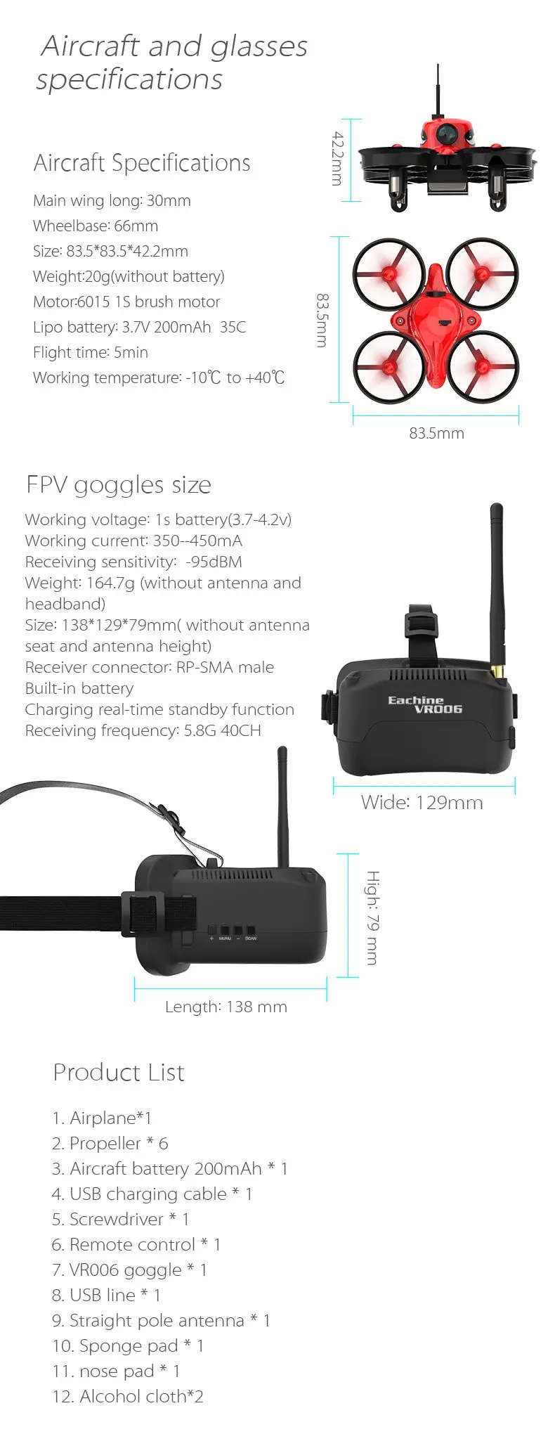 Eachine E013 микро FPV RC гоночный Квадрокоптер с 5,8G 1000TVL 40CH камерой VR006 VR-006 3 дюйма FPV очки VR гарнитура
