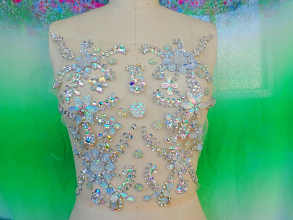 

Handmade clear AB colour crystal patches sew on Rhinestones applique with stones sequins beads 30*30cm for dress