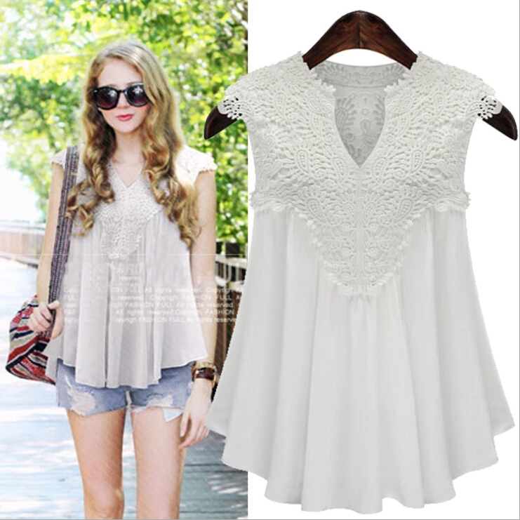 Женская кружевная шифоновая блузка без рукавов большие размеры 5xl|lace blouse|mujeres