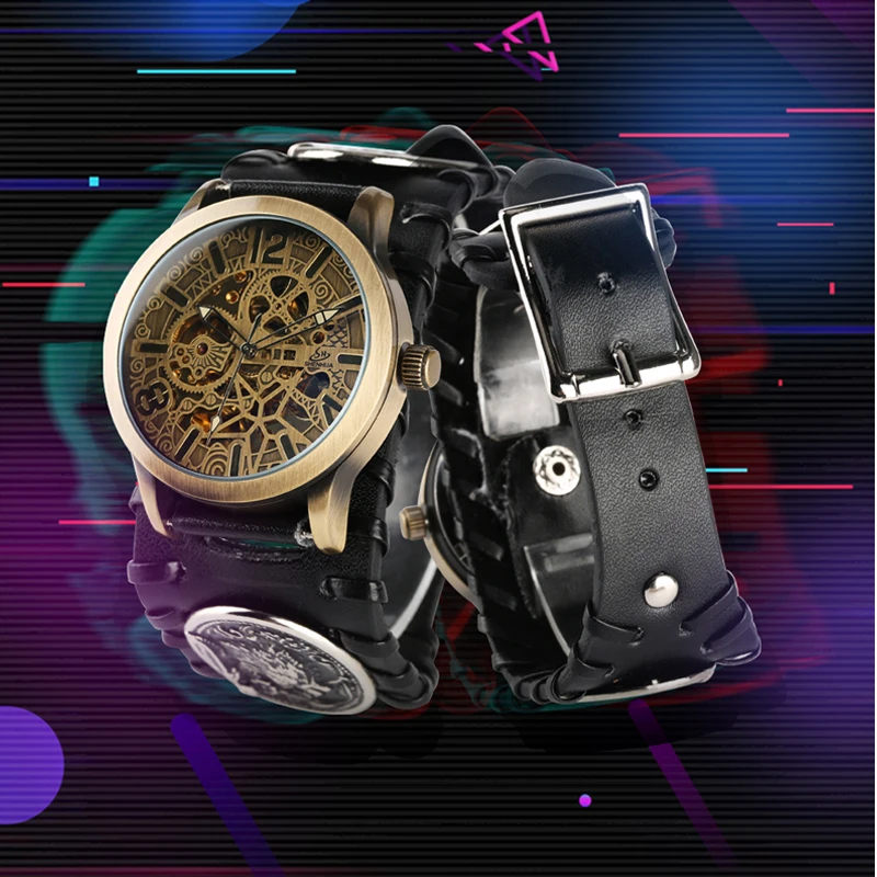 

3ATM Waterproof Watch Automatic Mechanical Skeleton Wristwatch Leather Strap Hollow Dial Punk Style horloges mannen tourbillon