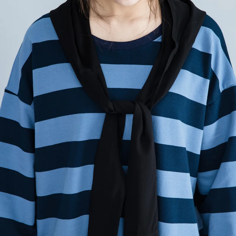 2019 весенне-летние синие повседневные свободные платья в полоску с оборками