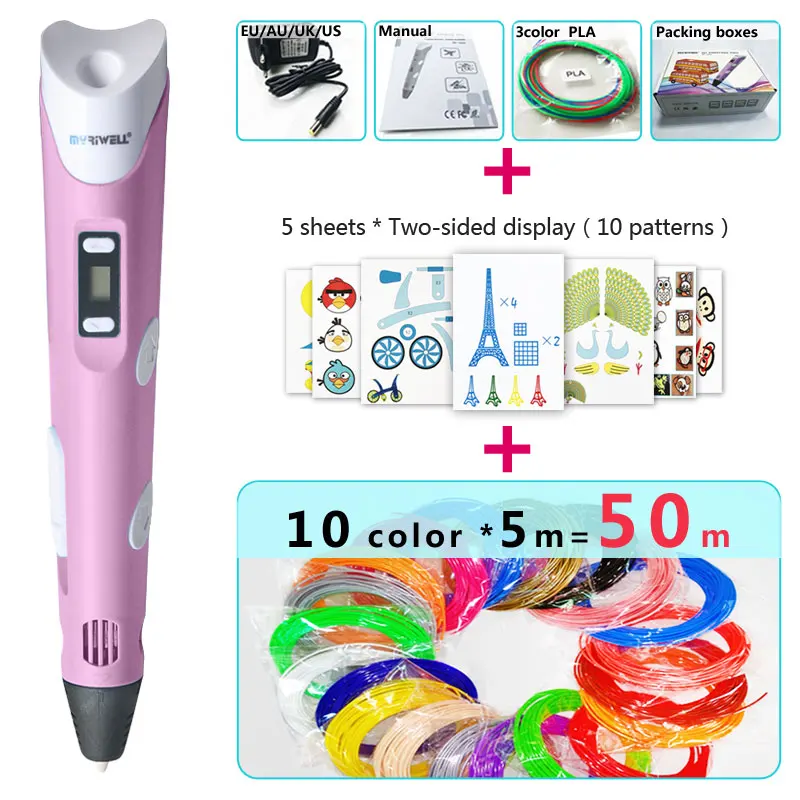 Pink pen Package 3 Myriwell 3d ручки, светодиодный дисплей, ABS/PLA нити, 3 d ручка, Smart3d ручка с принтом, лучший подарок для детей, 3d-ручка с 3d принтом - Цвет: Pink pen Package 3