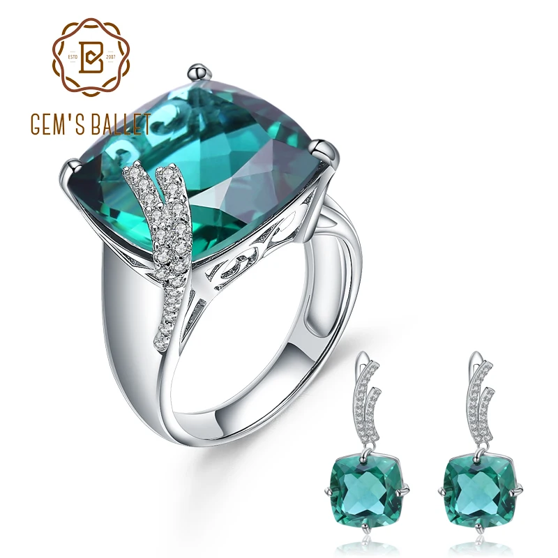 

GEM'S BALLET Russian Nano Emerald Gemstone Ring Earrings Jewelry Set For Women 925 Sterling Silver Engagement Wedding Jewelry