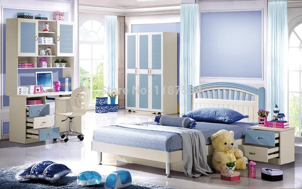 

6602# Children bedroom furniture set wardrobe nightstand bed and desk four pieces bedroom furniture set