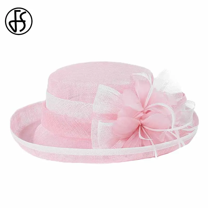 Pink Женская льняная шляпка FS, широкополая шляпа с бантом и декоративным цветком, для церкви и торжественных случаев, черно-белая, летняя - Цвет: Pink