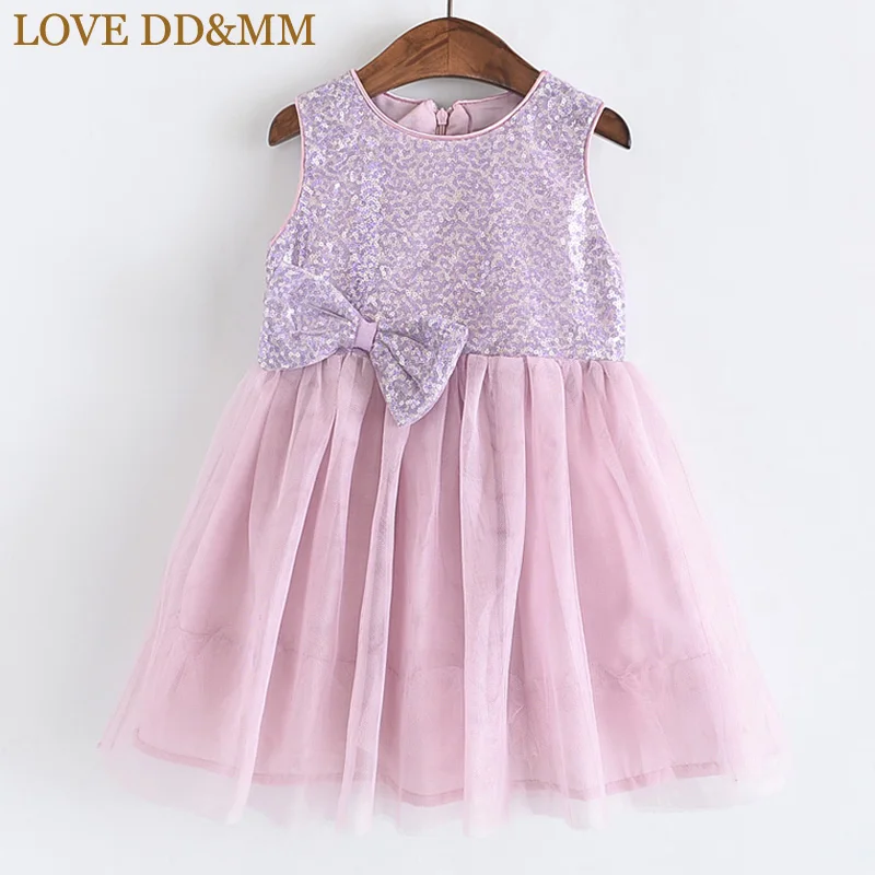Розовый Платья для девочек с надписью «LOVE DD& MM» Новинка года, Весенняя детская одежда милый сетчатый жилет с блестками и бантом для девочек платье принцессы - Цвет: Розовый