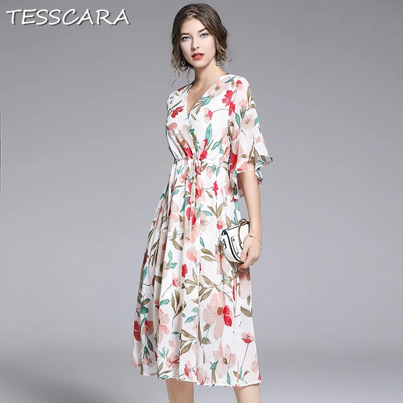 TESSCARA, женское летнее шифоновое платье с цветочным рисунком, праздничное, женское, высокое качество, для офиса, вечерние, женское, элегантное, с v-образным вырезом, дизайнерское, Vestidos