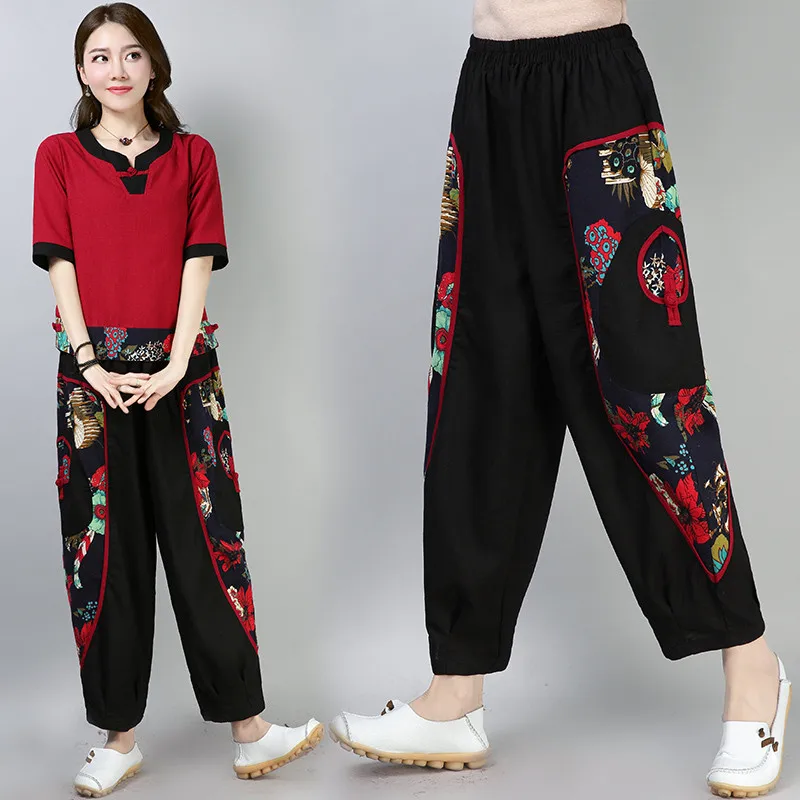 Conjunto Feminino этнический винтажный льняной хлопковый комплект с v-образным вырезом и