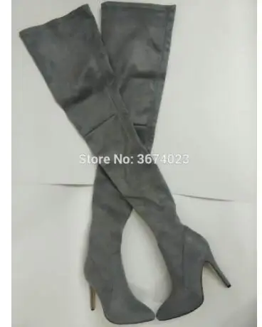 dark gray color 4 Qianruiti/Подиумные женские замшевые сапоги до бедра с острым носком на высоком каблуке; эластичные сапоги выше колен; цвет бежевый, серый, черный - Цвет: dark gray color 4