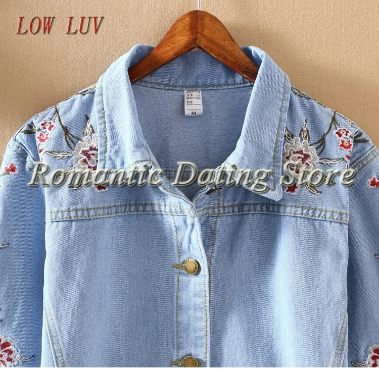 Женское джинсовое пальто с длинным рукавом повседневное тонкое вышивкой верхняя