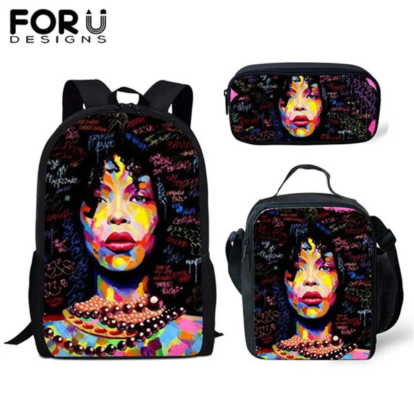 YQ1902CGK FORUDESIGNS 3 шт./компл. школьные сумки для девочек детский рюкзак с изображением мультипликационных персонажей для детей черного цвета в африканском стиле американская девушка с художественным принтом ранцы Mujer - Color: YQ1902CGK