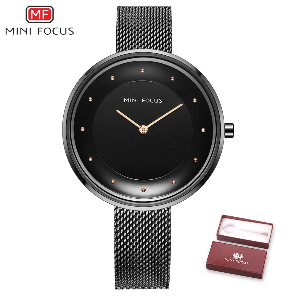 Black Black MINIFOCUS, женские часы, Роскошные, Топ бренд, бизнес часы, женские часы, s часы, стальная сетка, ремешок для часов, простые модные часы для девушек, Relogio - Цвет: Black Black
