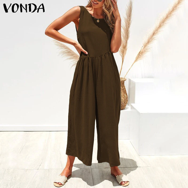 VONDA, летние женские комбинезоны с открытой спиной,, без рукавов, комбинезоны, повседневные Комбинезоны, длина по щиколотку, широкие штаны размера плюс