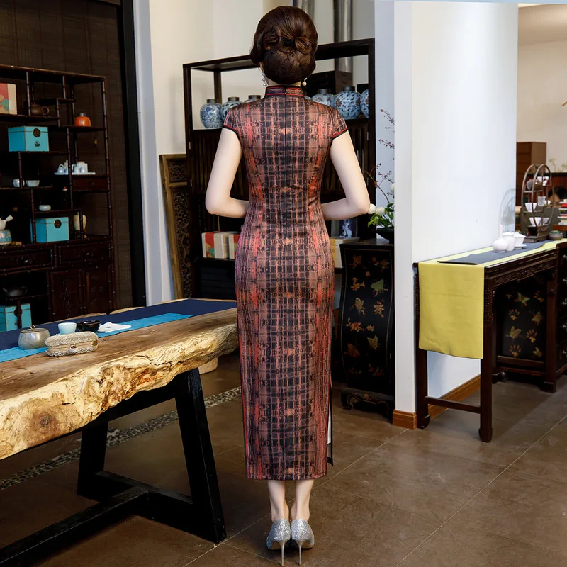 

2019 Sexy Long Cheongsam Traditional Chinese style Short Sleeve Dress Womens Summer Rayon Qipao Slim Party Dresses Vestido