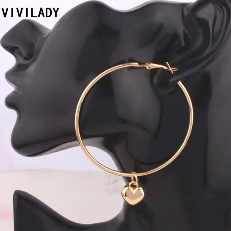 VIVILADY Fashion Mother Day Gifts Heart Charms Hoop Earrings Women Evening Party Gold Color Lead Cadmium Free Top Quality MD52 | Украшения