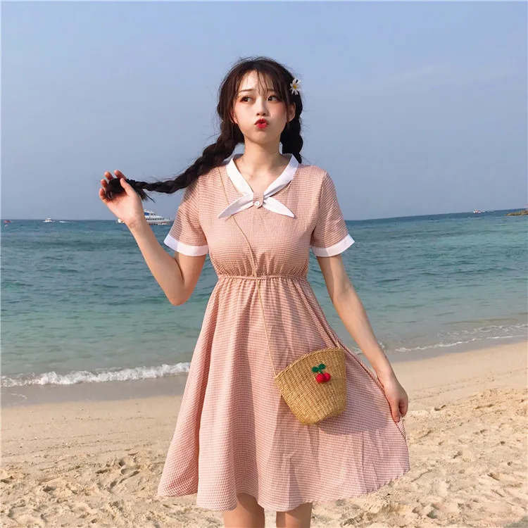 

Summer 2019 New Women's Korean Style Temperament High Waist Slim Bow Short Sleeve Dress College Elegant Sweet Dress