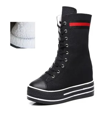 plush lining black A Модные ковбойские камуфляжные женские ботинки до середины икры на платформе, увеличивающие рост; джинсовые ботинки в стиле панк с цепочкой на каблуке 10 см - Цвет: plush lining black A