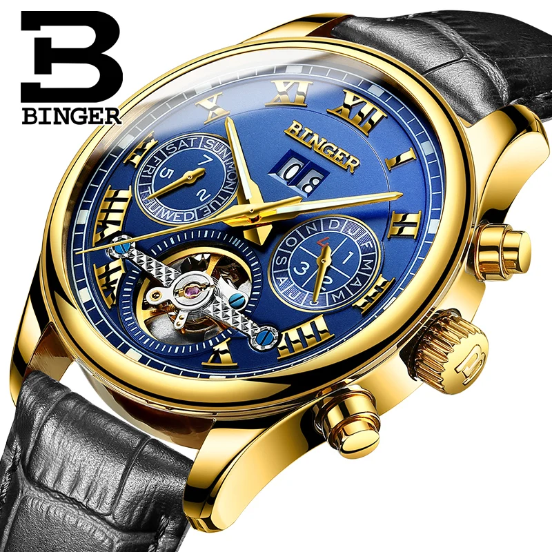 Роскошные золотые синие мужские часы Tourbillon с автоподзаводом механические