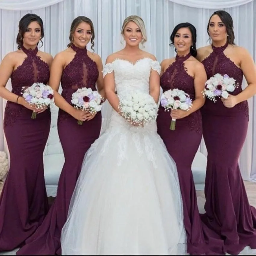 

Sexy Halter Mermaid Grape Purple Bridesmaid Dresses Long Beaded Appliques Prom Dress For Wedding Party Vestido de Feista