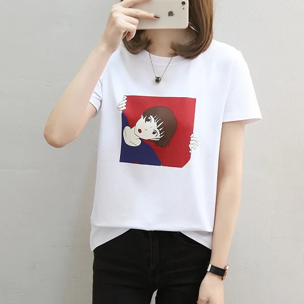 2005 White T-Shirt Весна-лето, новые футболки для женщин, студенток, девушек, с принтом, короткий рукав, Круглый ворот, женские топы, милые, облегающие, мягкие, женские футболки - Цвет: 2005 White T-Shirt