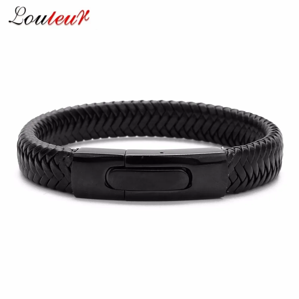 LOULEUR Fashion Men Jewelry Braid Black Red Genuine Leather Bracelet Stainless Steel Magnetic Buckle Punk Bangles Male | Украшения и