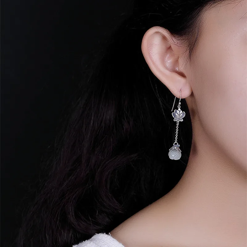Uglyless 100% Real 925 Sterling Handmade Lotus Earrings Natural White Jade Flower Fine Jewelry Thai Silver Ethnic Brincos Bijoux | Украшения