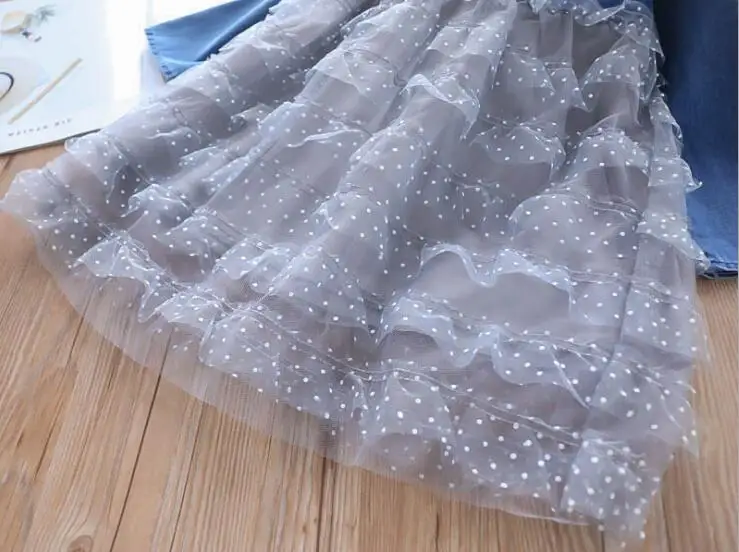 New 2019 Children Girls Jean Mesh Dot Cake Spring Dresses Princess Fashion Cowboy Long Sleeve Dress 5 pcs/lot Free Shipping | Детская