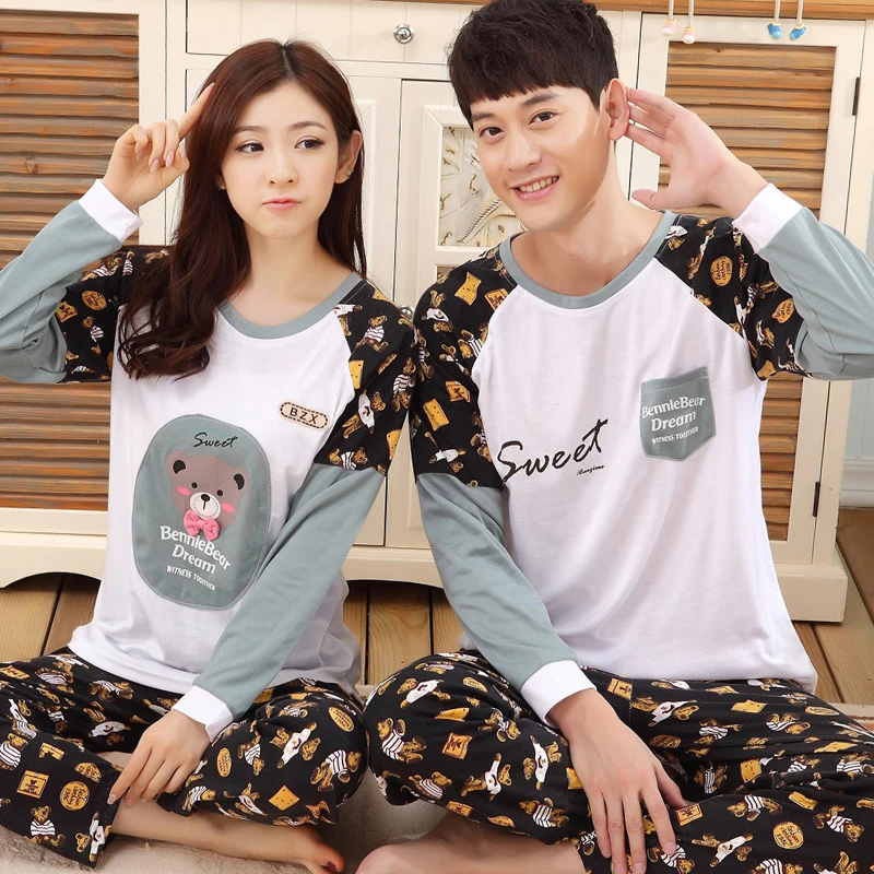 Осень и зима любителей пижамы 100% Большой размер хлопок с длинными рукавами
