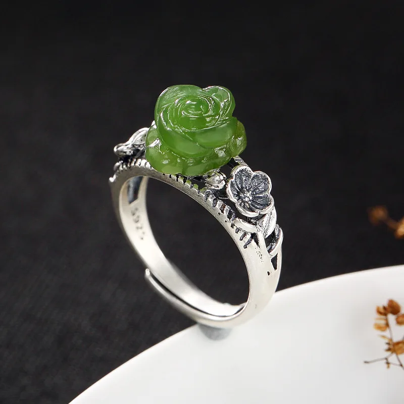 

Anel Feminino Rushed Women Jasper Rose 2018 New S925 Pure Natural Hetian Inlay Plum Blossom Female Opening Ring Wholesale Rose