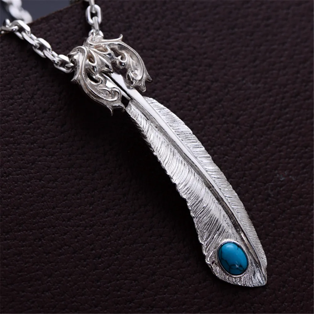 HFANCYW Solid 925 Silver Feather Pendant for Lovers with Chain Necklace Inlay Synthetic Blue Stone Jewelry Dropship | Украшения и