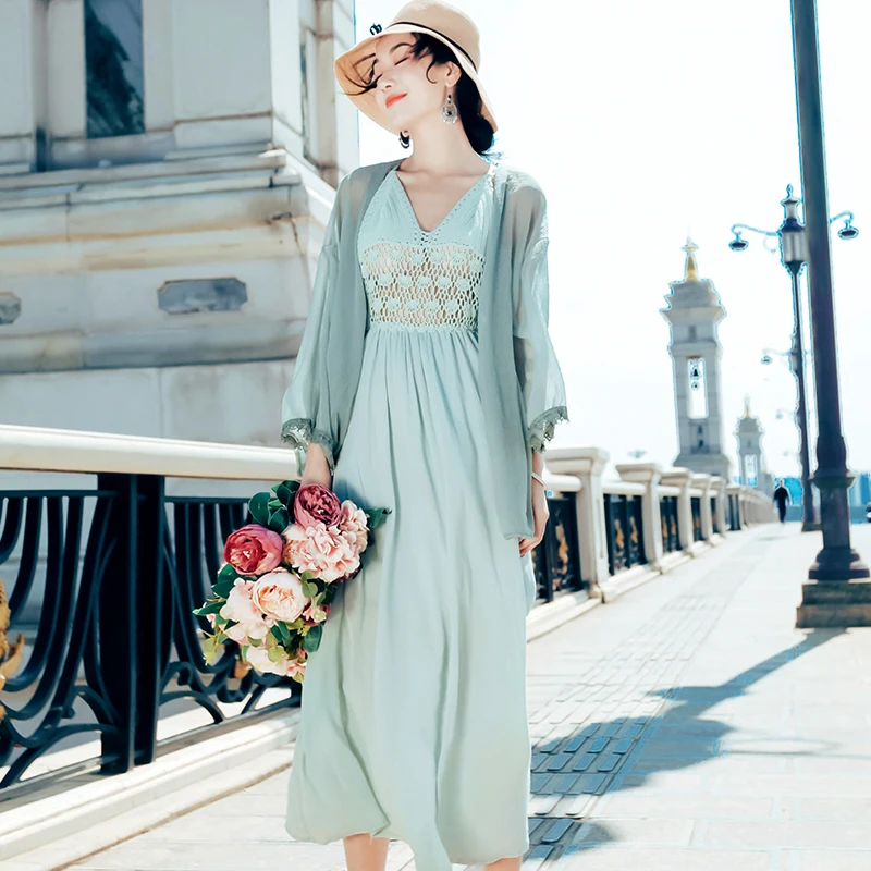 Женское кружевное шифоновое платье ажурное зеленое из двух предметов с