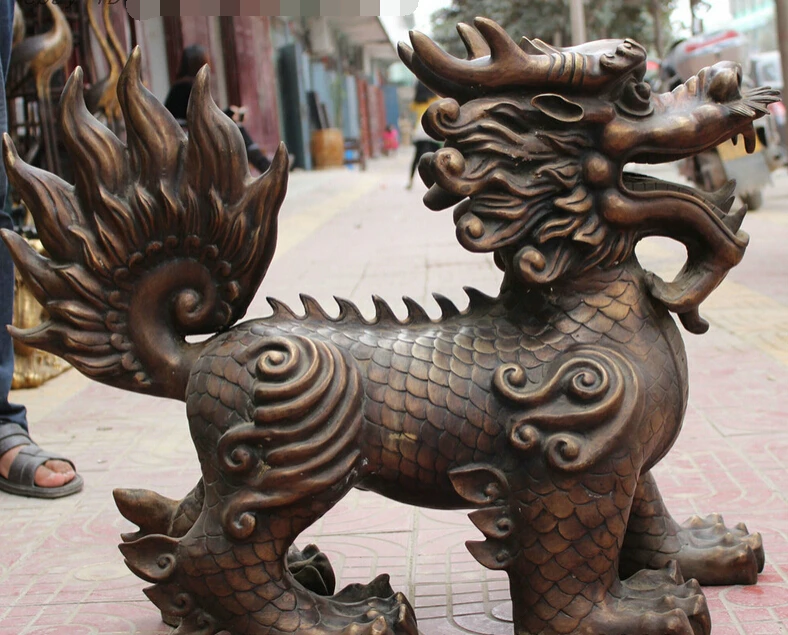 

xd 002216 32" High Folk Chinese Bronze Copper Buddhist Temple Dragon Kylin Beast Statue