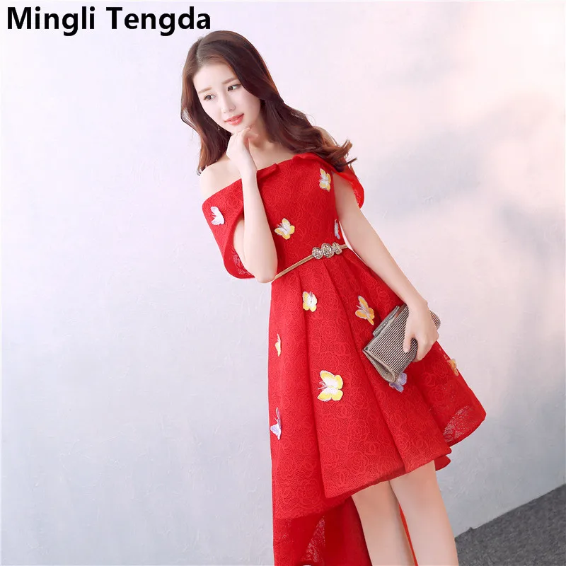 

Mingli Tengda Wine Red Elegant Bridesmaid Dresses Lace Appliques Dress Women for Wedding Party Boat Neck Short Bridesmaid Dress