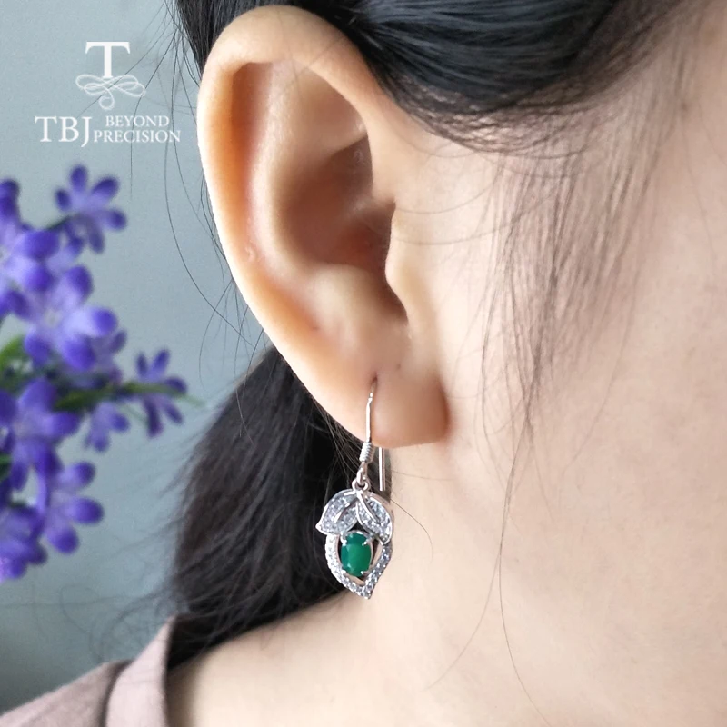TBJ Natural green agate oval 4*6mm gemstone hook earring in 925 sterling silver leaf shape for women birthday best gift | Украшения и