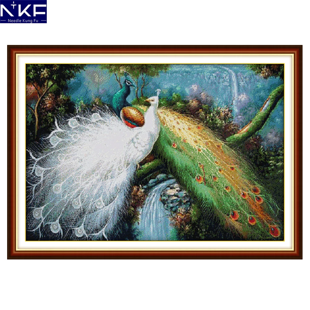 NKF Peacocks in green Forest animal style craft cross stitch charts counted stamped Chinese kit for home decoration | Дом и сад