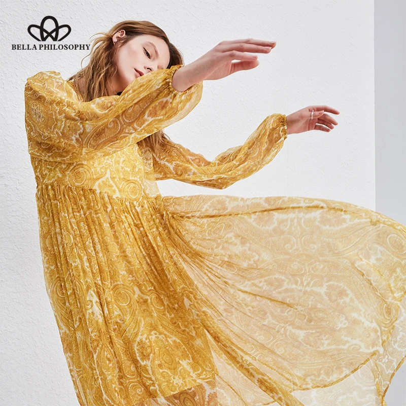 Женское пляжное платье Heydress желтое этническое свободное с длинным рукавом и