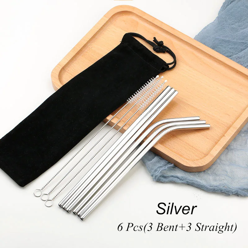 02 Silver 6 шт. многоразовые соломинки из нержавеющей стали для питья, прямые изогнутые металлические соломинки из нержавеющей стали, набор для кружек, вечерние аксессуары для бара - Цвет: 02 Silver