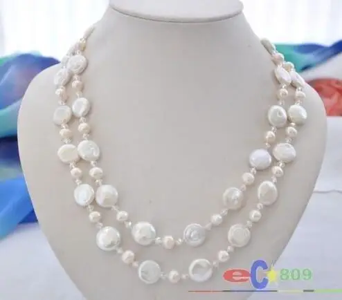 

42" white round / coin freshwater pearl clean faceted crystal necklace