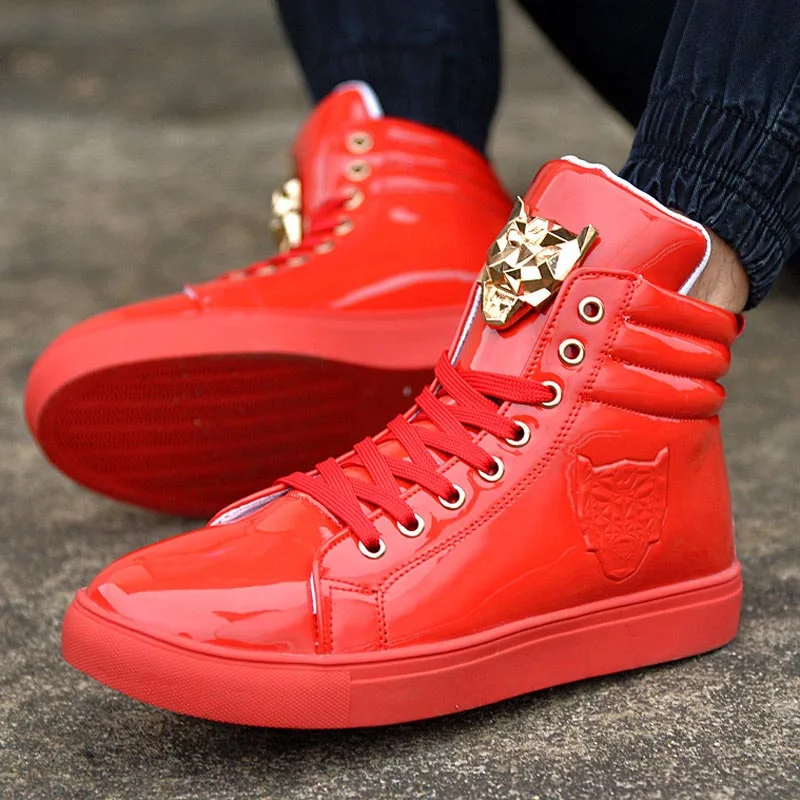 New Fashion High Top Casual Shoes For Men PU Leather Lace Up Red White Black Color Mens | Обувь