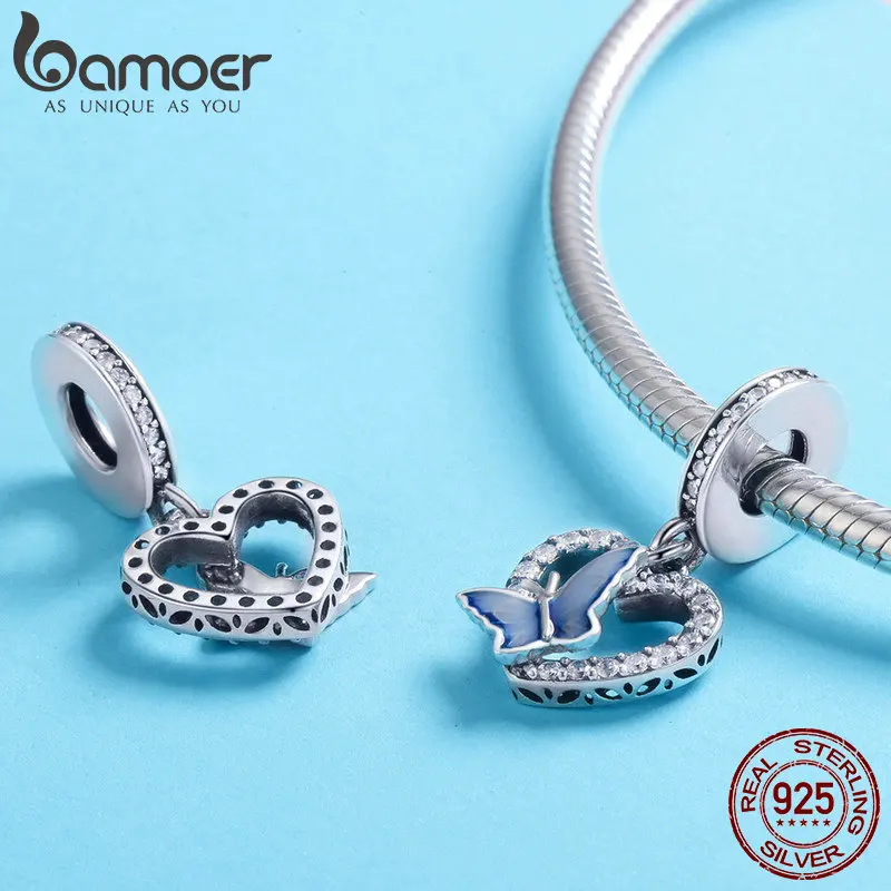 BAMOER 925 пробы Серебряный Кристалл Бабочка с сердечком Форма Шарм подходит для женщин Браслеты DIY ювелирные изделия подарок подруге SCC818