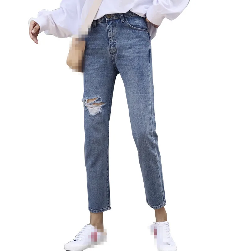 Женские узкие прямые джинсы B2649 корейские облегающие с высокой талией и дырками