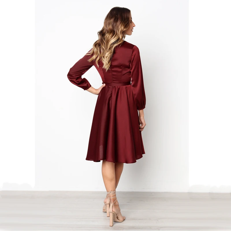 Женское однотонное платье с поясом элегантное сатиновое классическое модное