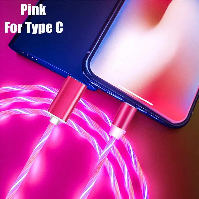 Pink Type C Cable НИСИ светодиодный Micro USB Магнитный зарядный кабель для iPhone samsung Xiaomi huawei USB C TPE поток светящийся кабель быстрой зарядки - Цвет: Pink Type C Cable