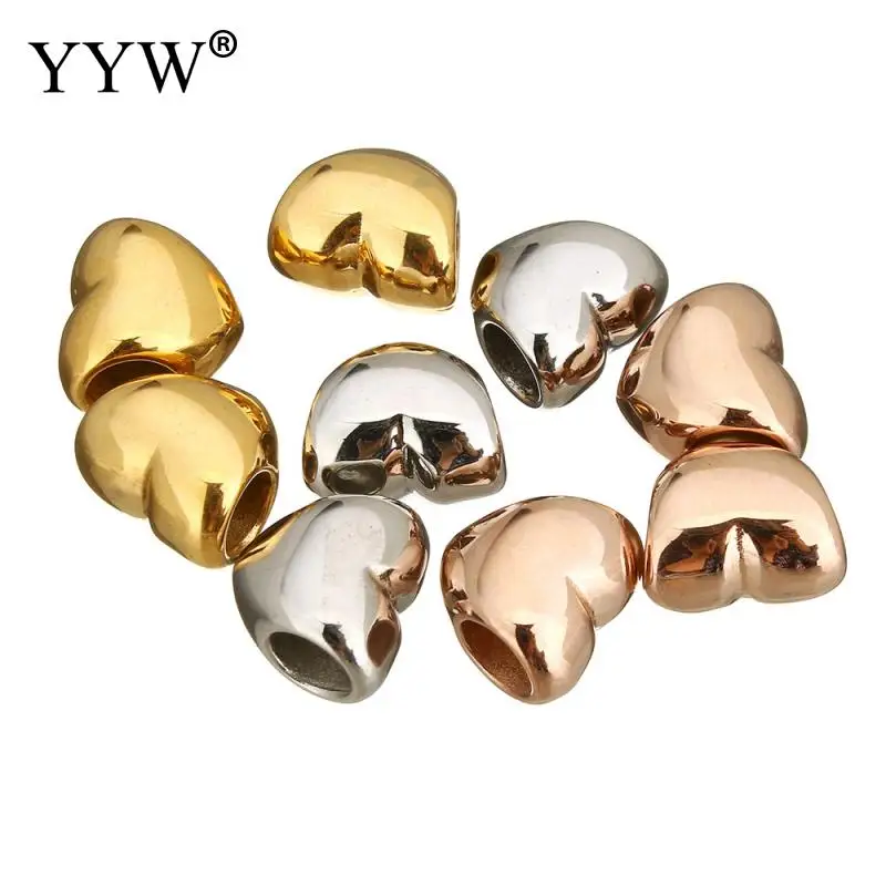 

5pcs new fashion stainless steel heart beads for jewelry making bracelet diy charms big hole spacer loose beads gold/rose gold