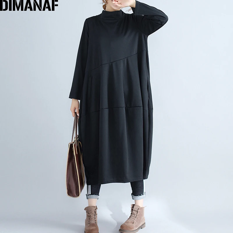 

DIMANAF Women Long Dresses Turtleneck Cotton Ladies Elegant Vestidos Oversize Female Clothes Pleated Loose 2021 Autumn Winter