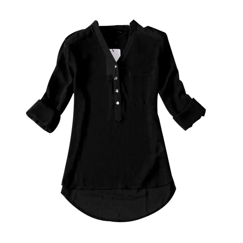 Black Белая рубашка Chemise Femme, женская летняя шифоновая рубашка с v-образным вырезом и длинным рукавом, однотонные повседневные рубашки с карманами, топы, блузки, одежда, Camisas Mujer - Цвет: Black